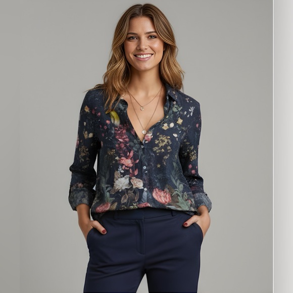 Tops - Boho Floral Print Blouse Blue